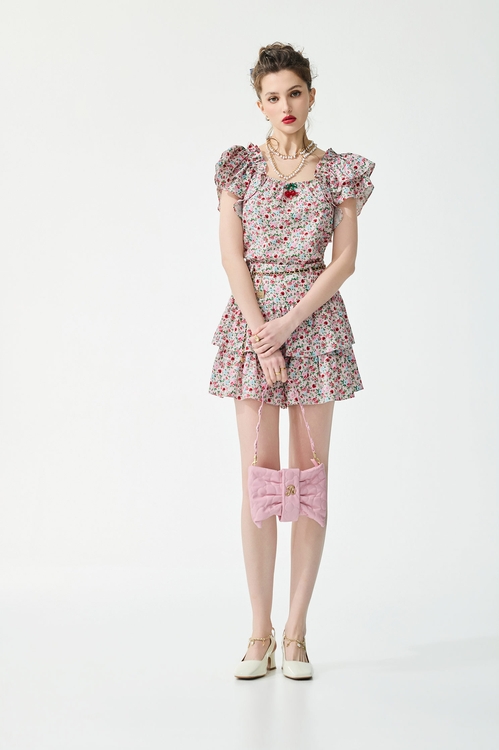 Rose With Cherry Print Ruffle Sleeve Top,,,Season (SS) Look,pants,Jumpsuits,Tops,bestselling,Season (SS) Look