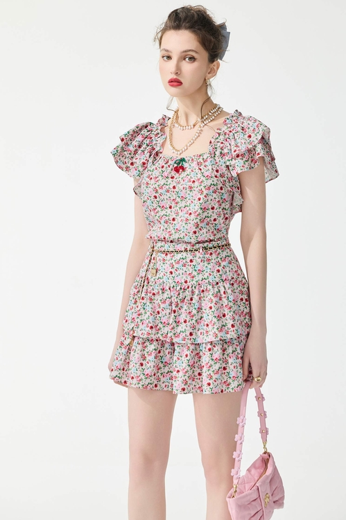 Rose With Cherry Print Ruffle Sleeve Top,,,Season (SS) Look,pants,Jumpsuits,Tops,bestselling,Season (SS) Look
