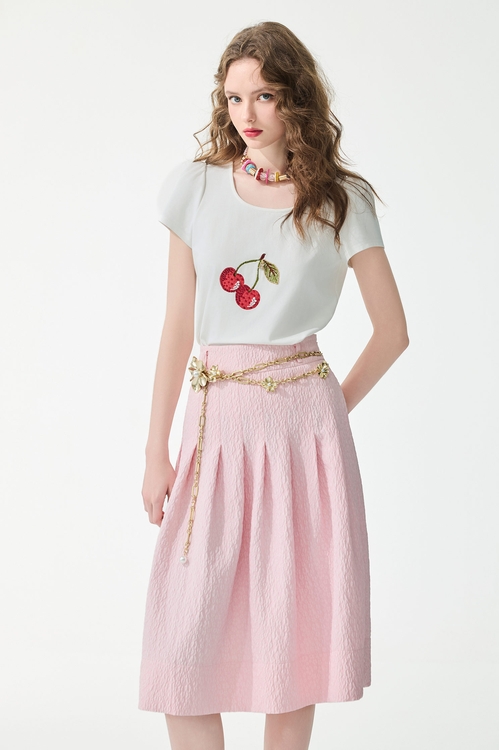 Sequin Cherry Graphic Short Sleeve Tee,U-Neck T shirts