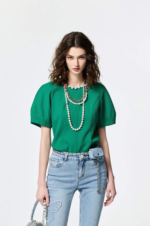 Pearl Detail Waffle Top,City Feminine