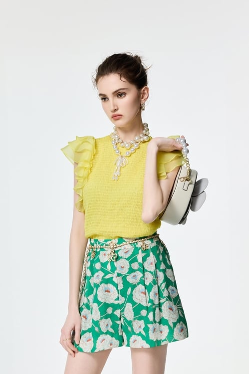 Ruffle Layered Sleeve Elastic Pleated Top,Chiffon tops