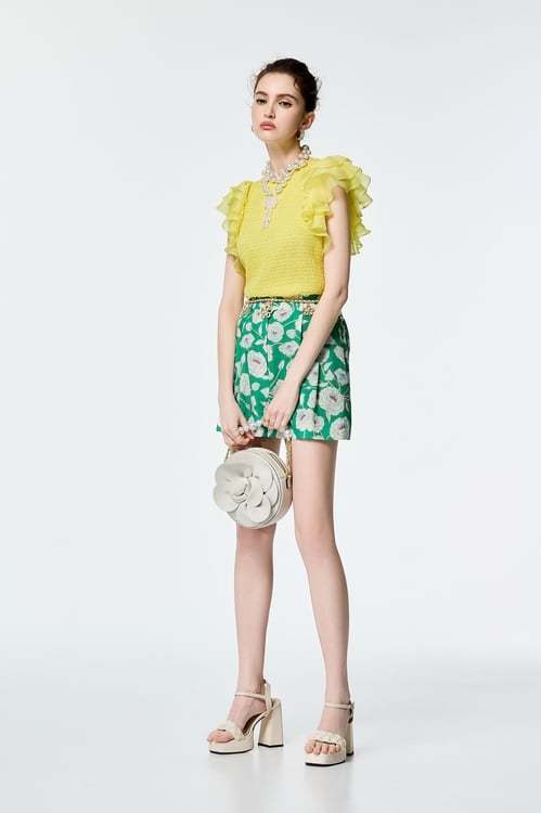 Ruffle Layered Sleeve Elastic Pleated Top,Chiffon tops