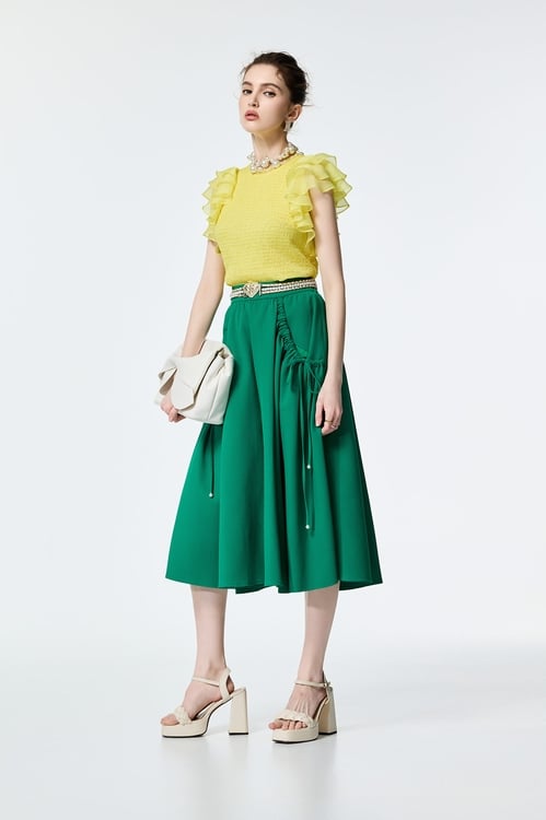 Ruffle Layered Sleeve Elastic Pleated Top,Chiffon tops