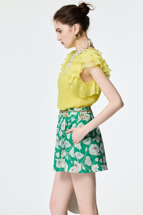Ruffle Layered Sleeve Elastic Pleated Top,Chiffon tops