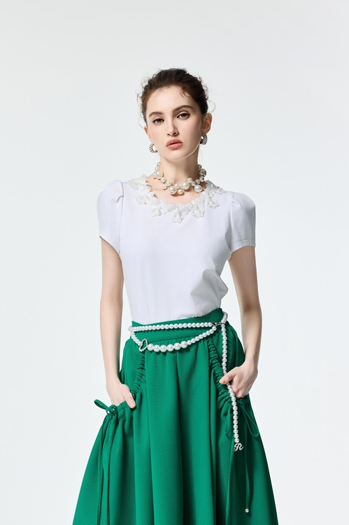 Floral Lace Detail Short Sleeve Tee,City Feminine