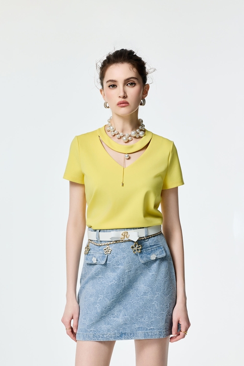 Short Sleeve Neckline Hollow Out Tee,City Feminine