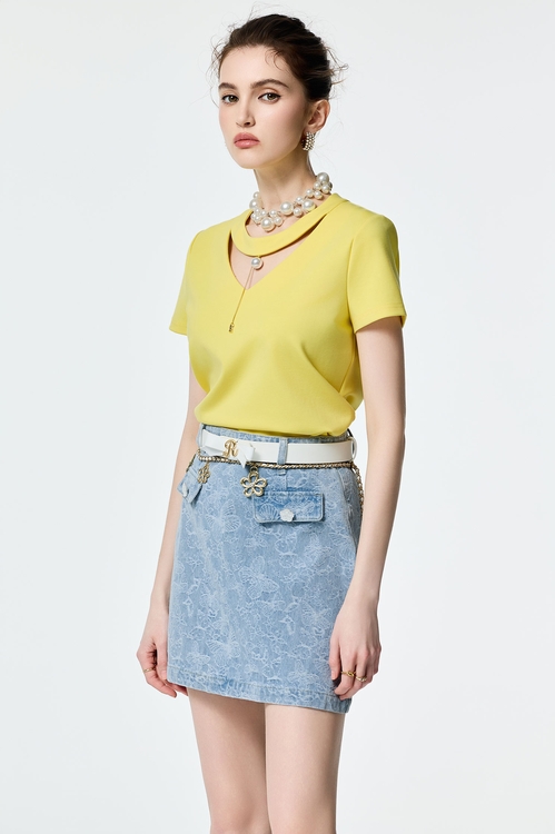 Short Sleeve Neckline Hollow Out Tee,City Feminine
