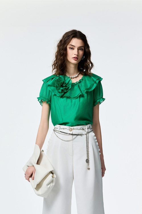 Floral Ruffle Detail Organza Top,City Feminine