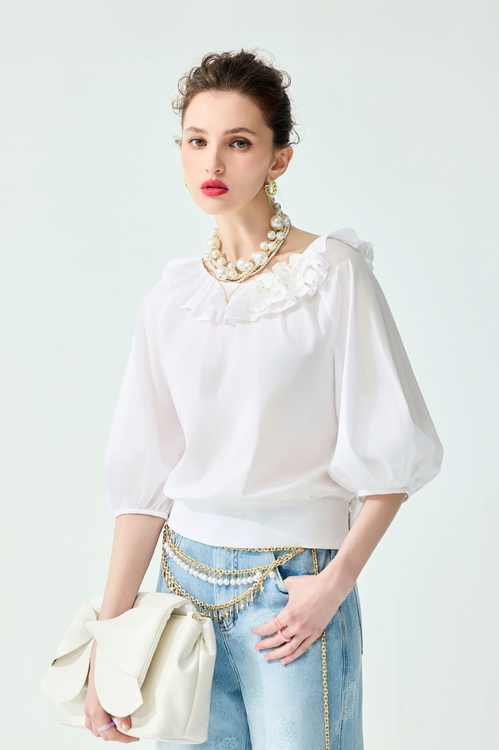 Flounce Collar White Top,,,Jackets,Embroidered,Outerwear,Season (SS) Look,Floral,Mesh fabric,Lace,Tops,Season (SS) Look,White skirts,Midi skirts,Tops,Season (SS) Look,pearl,White tops,Lace,bows