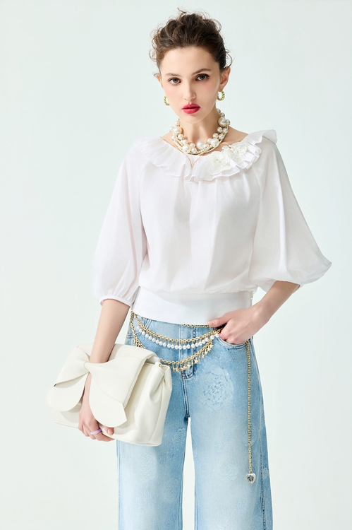 Flounce Collar White Top,,,Jackets,Embroidered,Outerwear,Season (SS) Look,Floral,Mesh fabric,Lace,Tops,Season (SS) Look,White skirts,Midi skirts,Tops,Season (SS) Look,pearl,White tops,Lace,bows