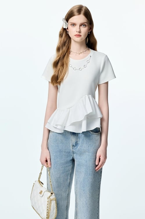 Short Sleeve White Peplum Top,Necklaces