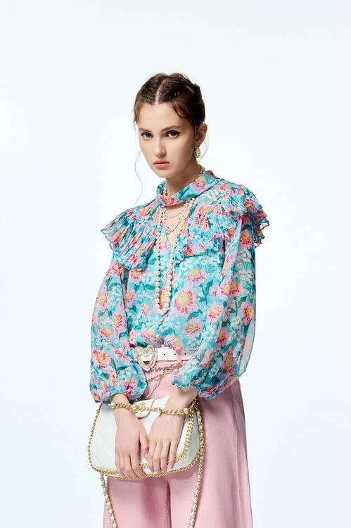 Floral Print Pleated Flounce Detail Chiffon Top,Chiffon