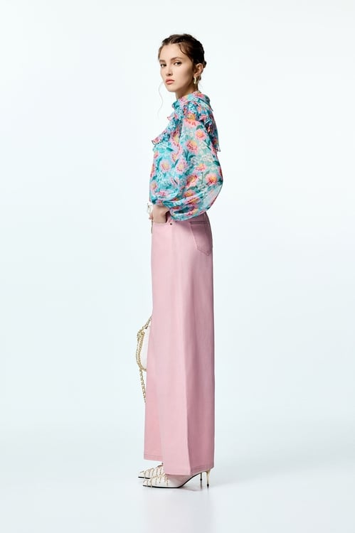 Floral Print Pleated Flounce Detail Chiffon Top,Chiffon