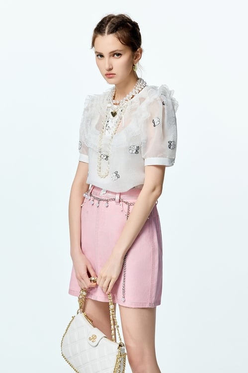 Lace Detail Floral Graphic Top,Embroidered tops