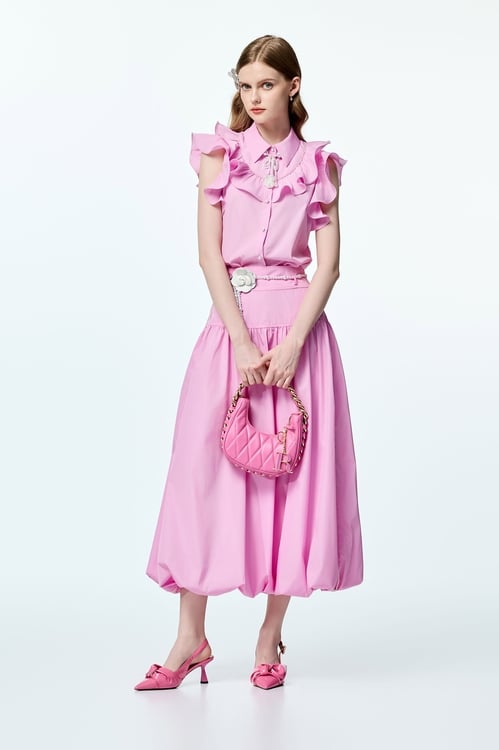 Pink Ruffle Detail Blouse,Necklaces