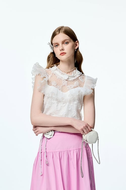 Floral Lace Pleated Ruffle Detail Top,Embroidered tops