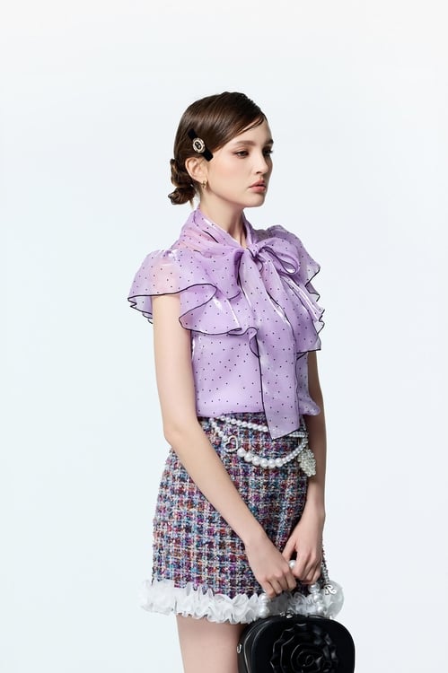 Polka Dot Ruffle Detail Purple Top,bows