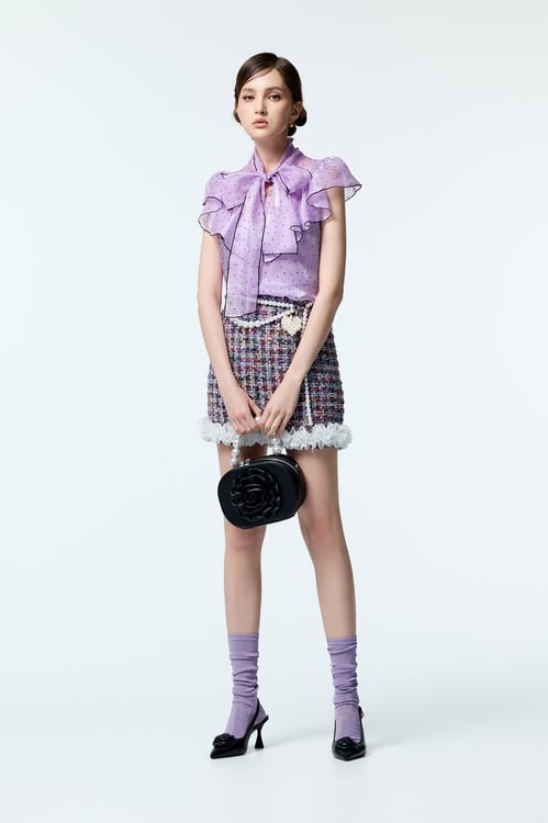 Polka Dot Ruffle Detail Purple Top,bows