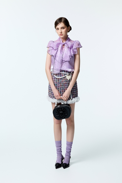 Polka Dot Ruffle Detail Purple Top,bows