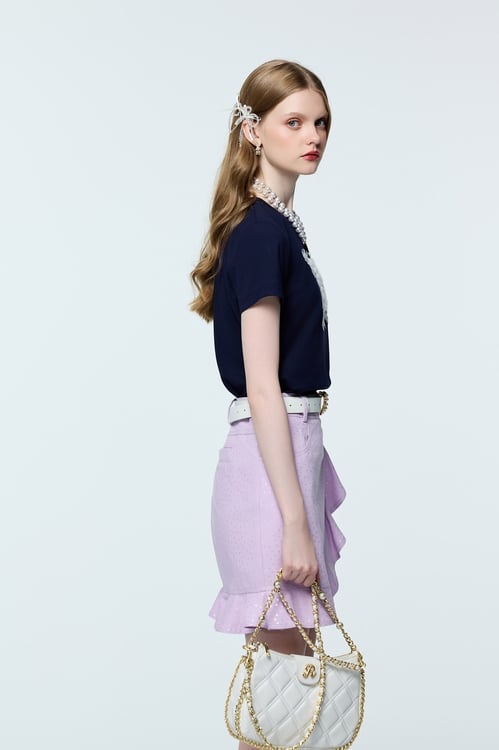 Butterfly Lace Detail Navy Tee,Lace