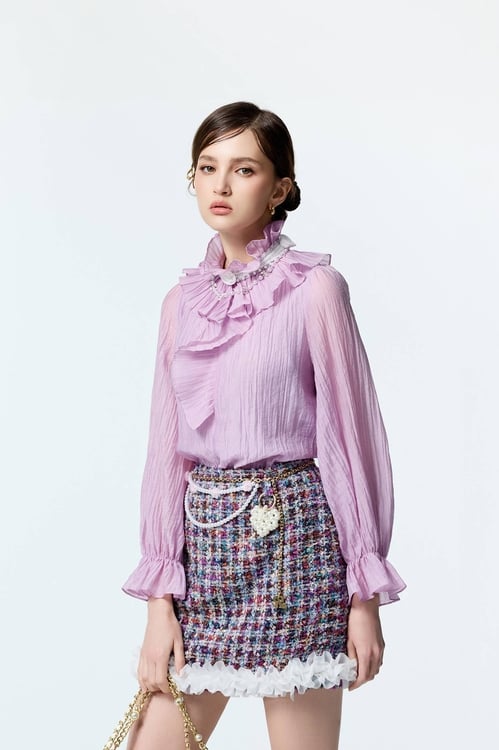 Pleated Ruffle Collar Purple Top,Lace