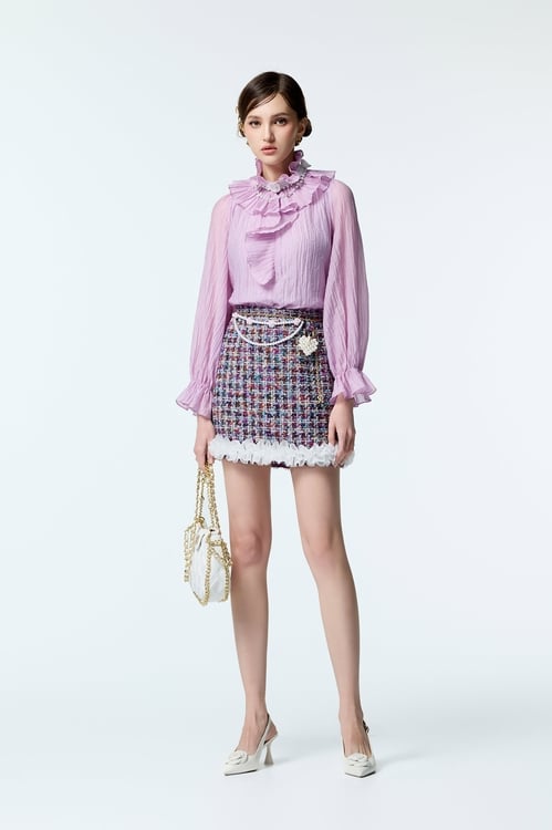 Pleated Ruffle Collar Purple Top,Lace