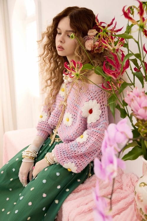 Handcraft Floral Detail Purple Knit Top,bestselling