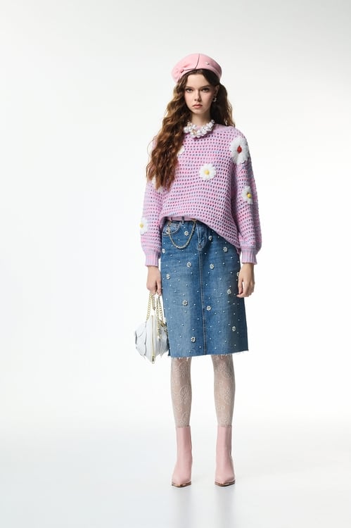 Handcraft Floral Detail Purple Knit Top,bestselling