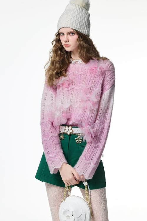 Gradient Pink Long Sleeve Knit Top,bestselling