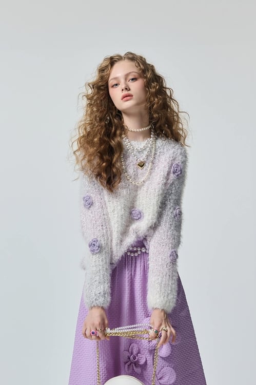 Handcrafted Floral Detail Gradient Purple Knit Top,,Handcrafted Floral Detail Gradient Purple Knit Top,Culottes,Denim,Jeans,pearl,Season (AW) Look,Valentine,bows,Wide-leg jeans,Tops,Season (AW) Look,Valentine,blossoms,Knitted,Knitted tops,Knitted tops