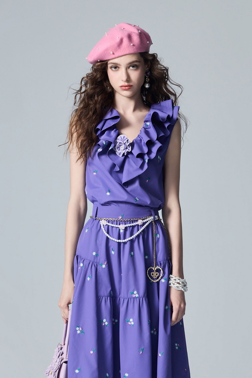 Embroidery Floral Ruffle Vest,Embroidered,Embroidered