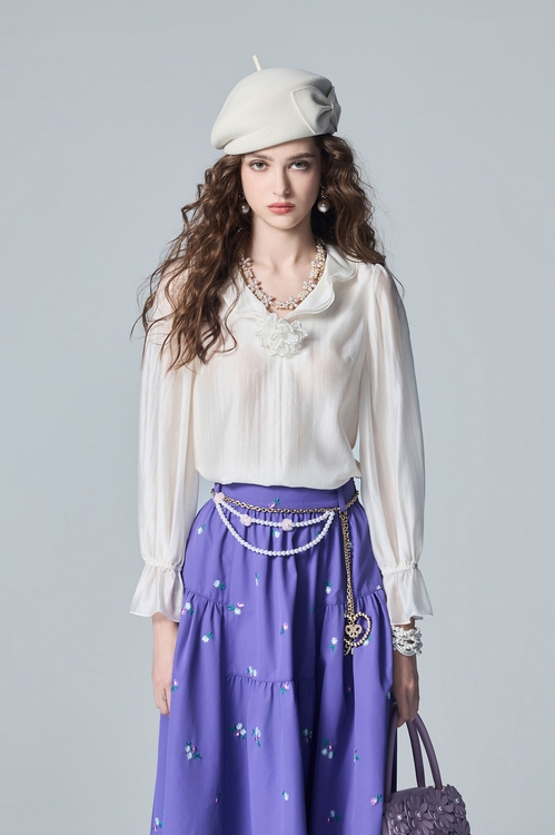 Ruffle Neckline Long Sleeve Top,,Ruffle Neckline Long Sleeve Top,Jackets,Embroidered,Outerwear,pearl,Season (AW) Look,Mesh fabric,pearl,Season (AW) Look,Layered skirts,Lace,Midi skirts,Chiffon,V-Neck T shirts,Tops,Season (AW) Look