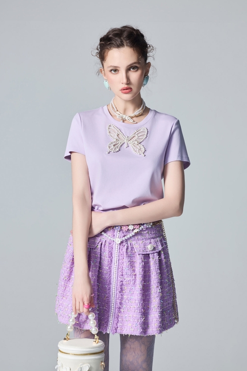 Butterfly Motif Short Sleeve Tee,Embroidered,Embroidered