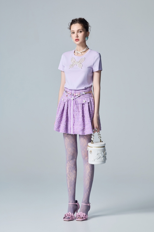 Butterfly Motif Short Sleeve Tee,Embroidered,Embroidered