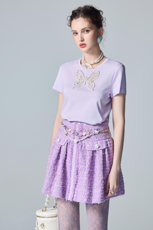 Butterfly Motif Short Sleeve Tee,Embroidered,Embroidered