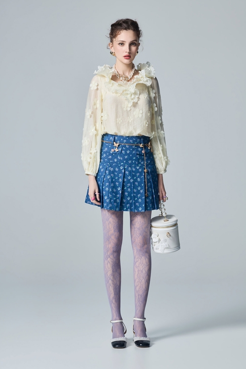 Pleated Ruffle Detail Floral Long Sleeve Top,Embroidered,Embroidered