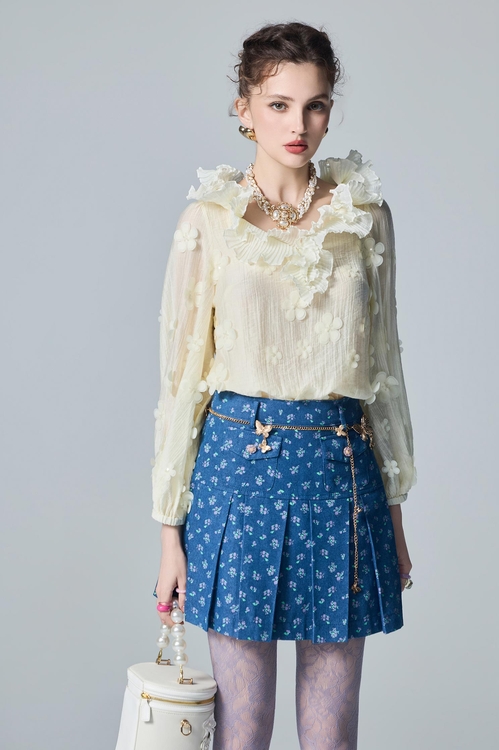 Pleated Ruffle Detail Floral Long Sleeve Top,Embroidered,Embroidered