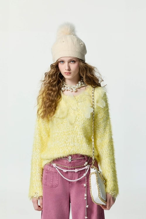 3-D Floral Yellow Knit Top,Knitted