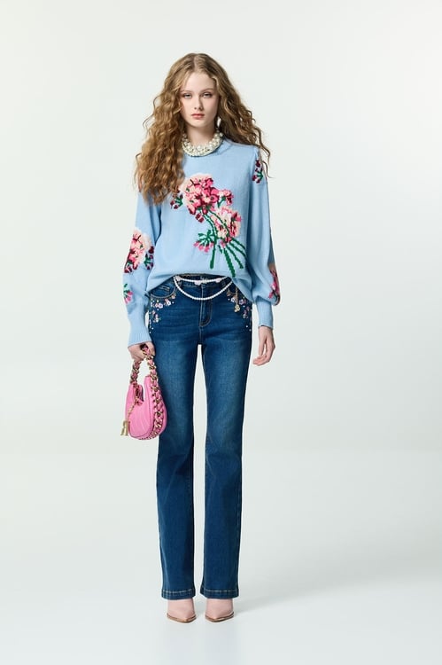 Floral Graphic Blue Knit Top,Knitted