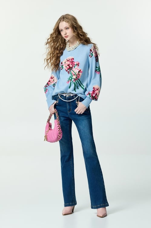 Floral Graphic Blue Knit Top,Knitted