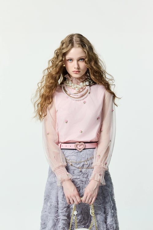 Floral Embroidery Pink Mesh Top,Embroidered,Embroidered