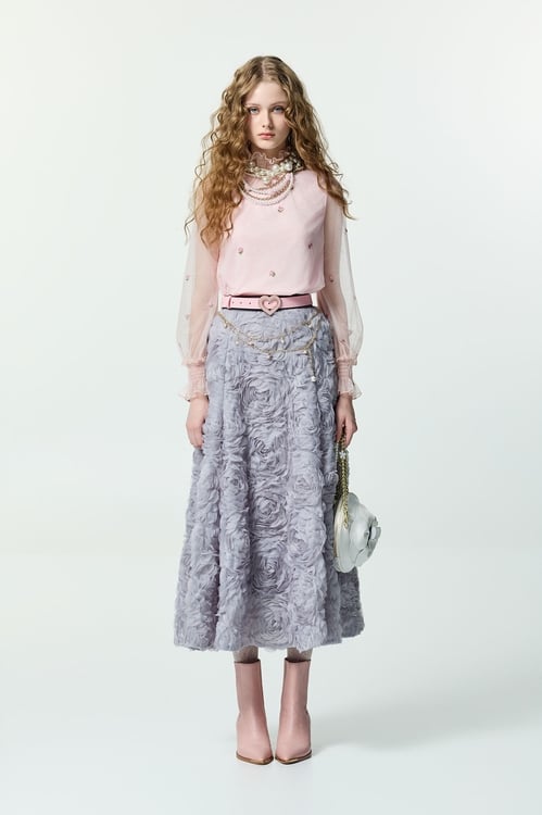 Floral Embroidery Pink Mesh Top,Embroidered,Embroidered