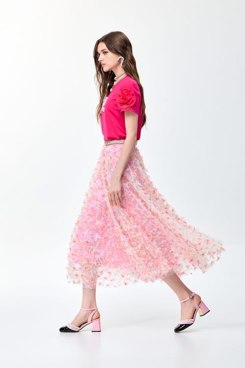 Floral Sleeve Detail Tee,Mesh fabric