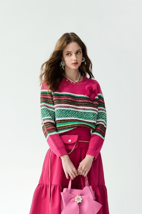 Colour Block Knit Top With Floral Detail,Tops