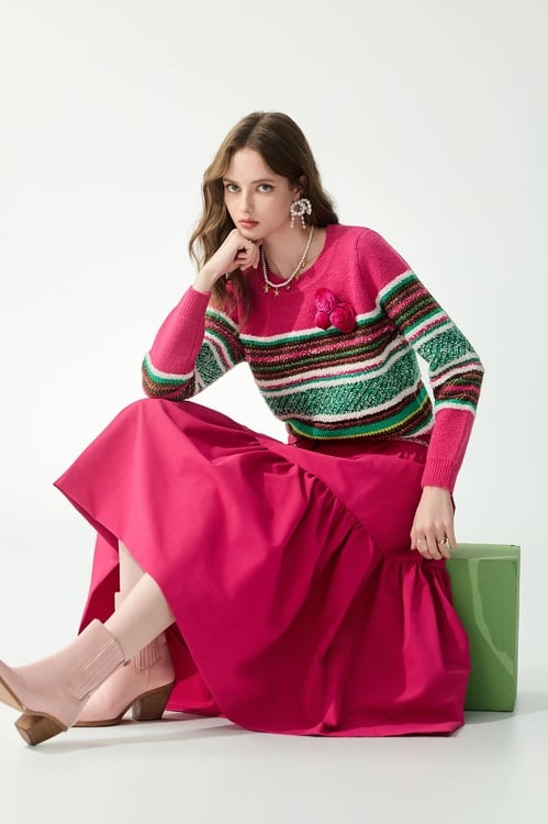 Colour Block Knit Top With Floral Detail,Tops