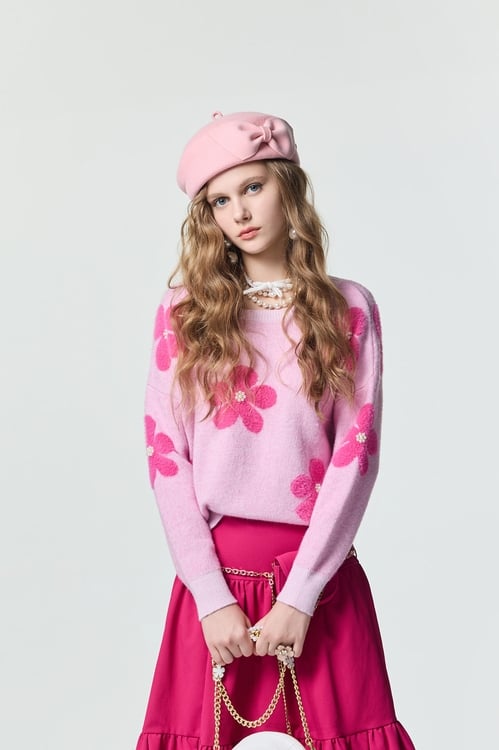 Pink Floral Long Sleeve Knit Top,Tops