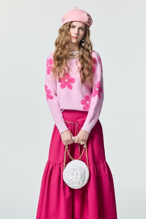 Pink Floral Long Sleeve Knit Top,Tops