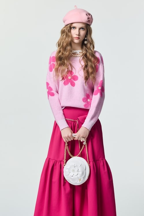 Pink Floral Long Sleeve Knit Top,Tops