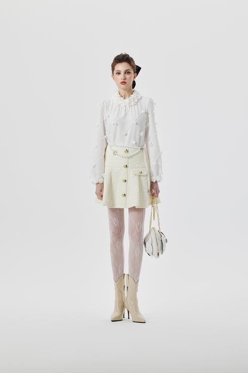 3-D Floral Long Sleeve Top With Ruffle Collar,White tops,White tops