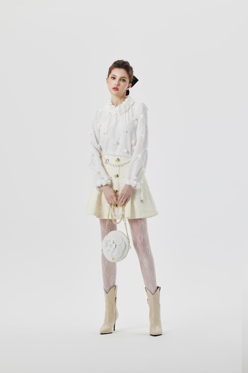 3-D Floral Long Sleeve Top With Ruffle Collar,White tops,White tops